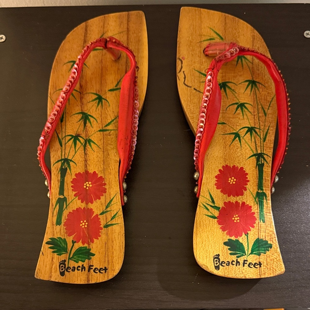 Women’s Red Floral Wooden Sandals